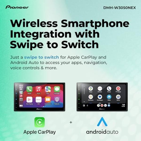 Receptor multimedia digital Pioneer DMH-W3050NEX de 6.8" con doble DIN, Apple CarPlay y Android Auto inalámbricos, radio HD, Bluetooth, compatible con cámara de reversa, pantalla t