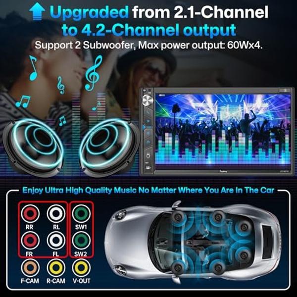 Estéreo de coche de doble DIN con cámara de tablero: control por voz, CarPlay, Android Auto, controles en el volante, pantalla táctil HD de 7", cámara de reversa, Bluetooth, Mirror