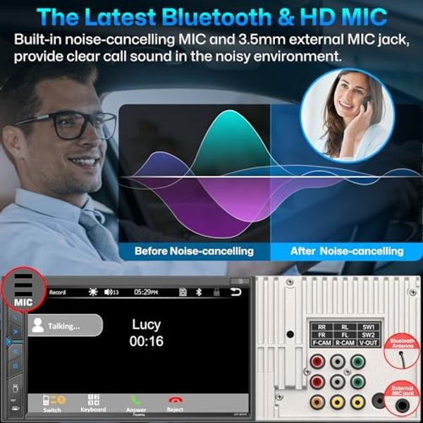 Estéreo de coche de doble DIN con cámara de tablero: control por voz, CarPlay, Android Auto, controles en el volante, pantalla táctil HD de 7", cámara de reversa, Bluetooth, Mirror