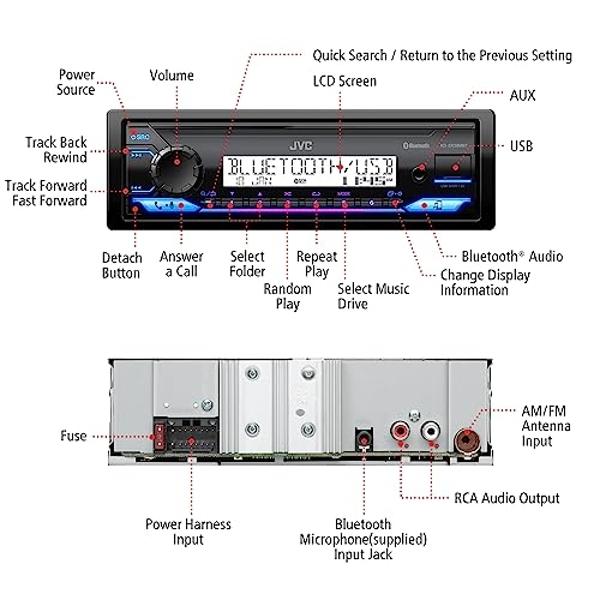 Estéreo para auto JVC KD-SX38MBT con Bluetooth, receptor de radio marina de 4 canales, radio AM/FM de un solo DIN, entrada auxiliar, USB, transmisión, iluminación RGB, ideal para u