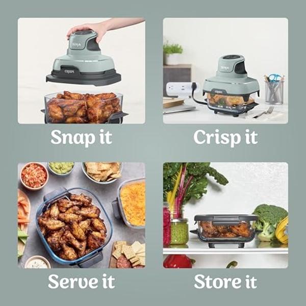 Freidora de aire Ninja Crispi, apta para microondas, congelador y lavavajillas, sistema de cocina portátil de vidrio no tóxico, recipientes de vidrio de 4 cuartos y 6 tazas con tap