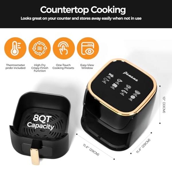 Freidora de aire Panana grande y compacta de 8 cuartos de galón, 8 menús preestablecidos, control digital de un solo toque, pantalla táctil, apta para lavavajillas, antiadherente, 