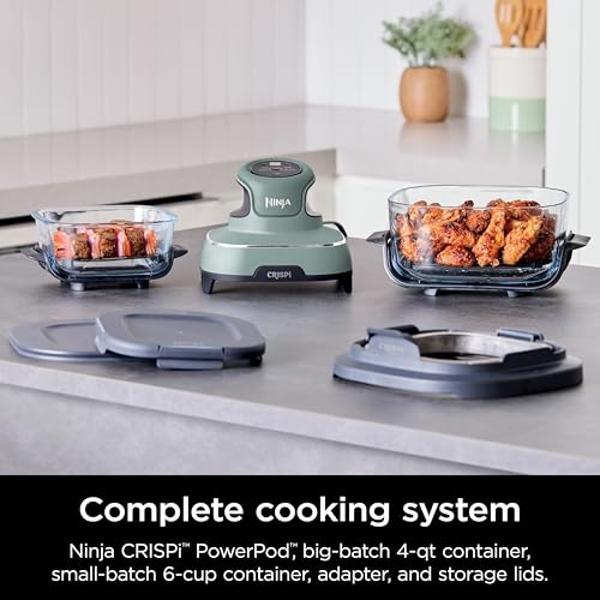 Freidora de aire Ninja Crispi, apta para microondas, congelador y lavavajillas, sistema de cocina portátil de vidrio no tóxico, recipientes de vidrio de 4 cuartos y 6 tazas con tap