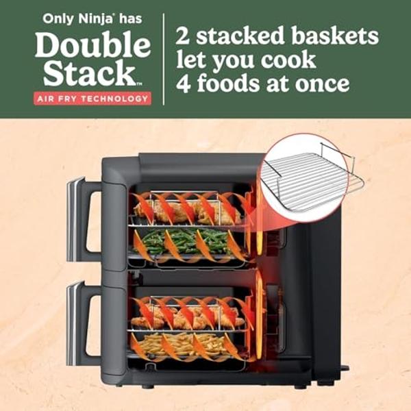 Freidora de aire Ninja SL401 DoubleStack XL de 10 cuartos y 2 cestas, tecnología DoubleStack para 4 alimentos a la vez, ahorro de espacio, Smart Finish y Match Cook, funciones 6 en