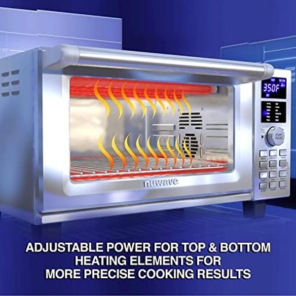Nuwave Bravo - Horno tostador y freidora de aire 12 en 1, horno de convección inteligente de encimera de 30 cuartos con sonda de temperatura digital integrada, bandeja, cesta, reji