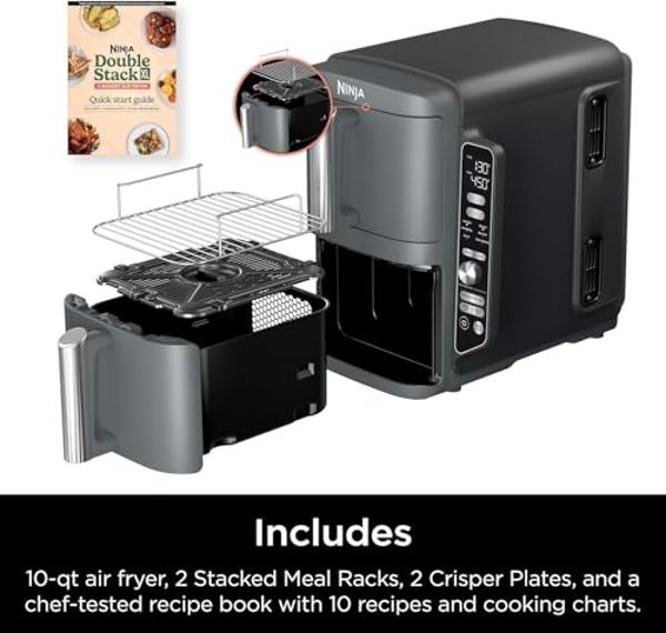 Freidora de aire Ninja SL401 DoubleStack XL de 10 cuartos y 2 cestas, tecnología DoubleStack para 4 alimentos a la vez, ahorro de espacio, Smart Finish y Match Cook, funciones 6 en