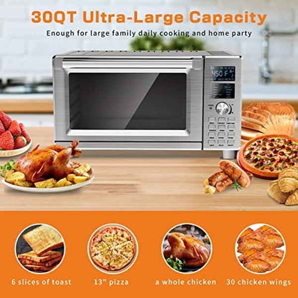 Nuwave Bravo - Horno tostador y freidora de aire 12 en 1, horno de convección inteligente de encimera de 30 cuartos con sonda de temperatura digital integrada, bandeja, cesta, reji