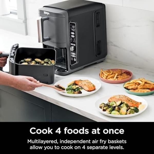 Freidora de aire Ninja SL401 DoubleStack XL de 10 cuartos y 2 cestas, tecnología DoubleStack para 4 alimentos a la vez, ahorro de espacio, Smart Finish y Match Cook, funciones 6 en