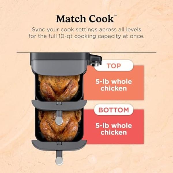 Freidora de aire Ninja SL401 DoubleStack XL de 10 cuartos y 2 cestas, tecnología DoubleStack para 4 alimentos a la vez, ahorro de espacio, Smart Finish y Match Cook, funciones 6 en