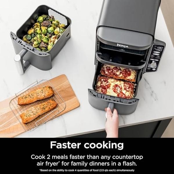 Freidora de aire Ninja SL401 DoubleStack XL de 10 cuartos y 2 cestas, tecnología DoubleStack para 4 alimentos a la vez, ahorro de espacio, Smart Finish y Match Cook, funciones 6 en