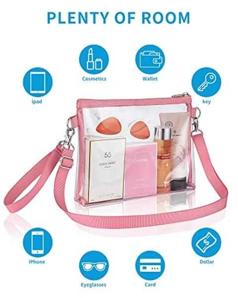 Bolso transparente Bagenius para mujer, aprobado para estadios, con correas extraíbles, ideal para el trabajo, festivales, eventos deportivos y conciertos, color rosa.