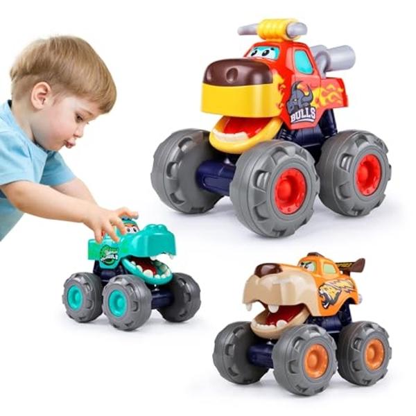 Coches de juguete para niños de 1, 2 y 3 años, paquete de 3, Monster Truck, juguetes de cocodrilo, toro, leopardo, coche de tracción trasera, ruedas grandes, camiones de juguete de