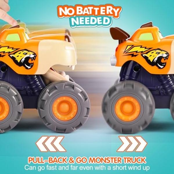 Coches de juguete para niños de 1, 2 y 3 años, paquete de 3, Monster Truck, juguetes de cocodrilo, toro, leopardo, coche de tracción trasera, ruedas grandes, camiones de juguete de