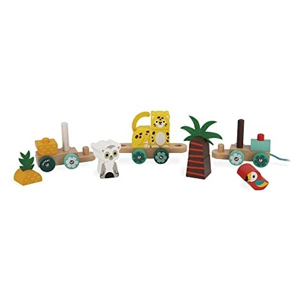 Janod - Tren de arrastre tropical Tropik - 11 piezas y 3 vagones - A partir de 1 año J08272