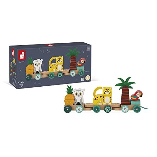 Janod - Tren de arrastre tropical Tropik - 11 piezas y 3 vagones - A partir de 1 año J08272