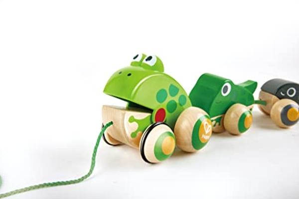 Familia de ranas de arrastre Hape con ruedas antivuelco, juguetes para empujar y jalar para niños pequeños