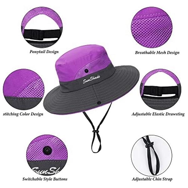 Sombreros de sol plegables para mujer, de malla, de ala ancha, para playa, pesca y exteriores, con protección UV y orificio para cola de caballo, color morado