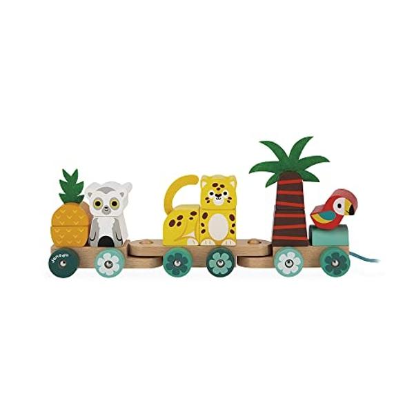 Janod Tren Tropical De Arrastre Tropik – Juguete De Madera Con 11 Piezas Y 3 Vagones, 2 En 1 (Construcción Y Arrastre), Certificado FSC, +1 Año