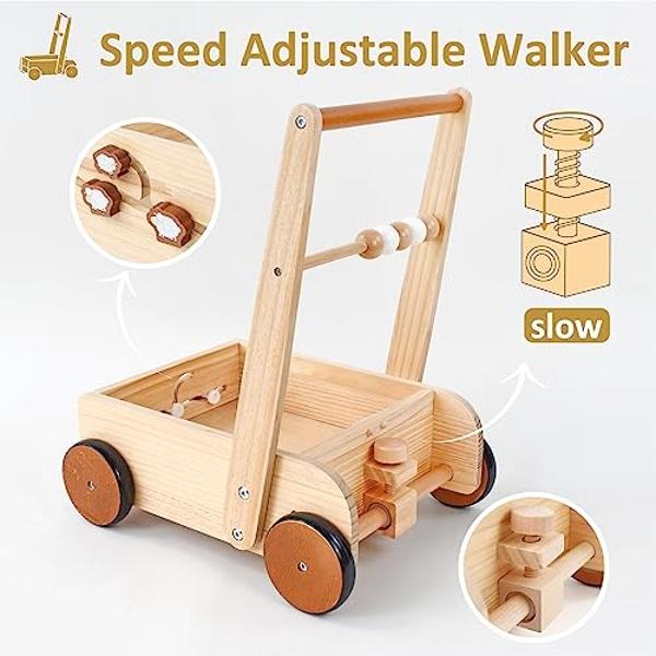 Andador de madera PairPear para bebés, juguetes de empuje, andadores de madera natural con velocidad ajustable para que los bebés aprendan a caminar, juguetes de empuje y tracción 