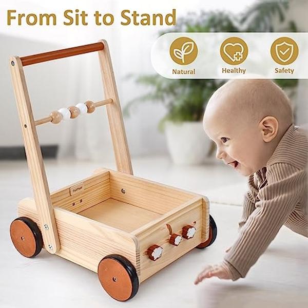Andador de madera PairPear para bebés, juguetes de empuje, andadores de madera natural con velocidad ajustable para que los bebés aprendan a caminar, juguetes de empuje y tracción 