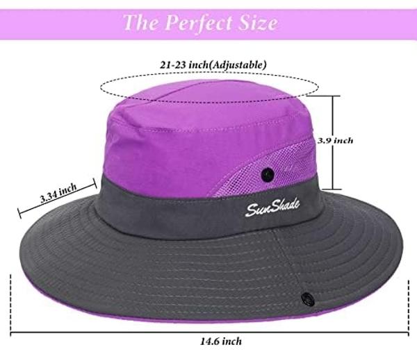 Sombreros de sol plegables para mujer, de malla, de ala ancha, para playa, pesca y exteriores, con protección UV y orificio para cola de caballo, color morado