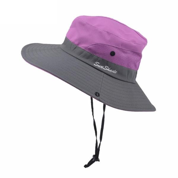 Sombreros de sol plegables para mujer, de malla, de ala ancha, para playa, pesca y exteriores, con protección UV y orificio para cola de caballo, color morado