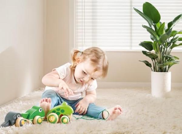 Familia de ranas de arrastre Hape con ruedas antivuelco, juguetes para empujar y jalar para niños pequeños