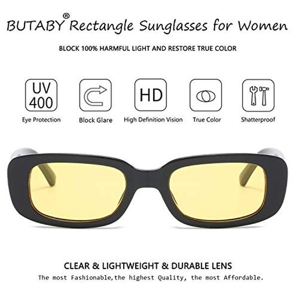 Gafas de sol rectangulares BUTABY para mujer, gafas de conducción retro de los años 90, montura cuadrada estrecha, protección UV400, color negro y amarillo