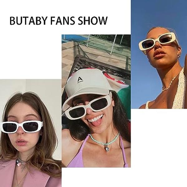 Gafas de sol rectangulares BUTABY para mujer, estilo retro de los años 90, montura cuadrada estrecha, protección UV400, color blanco