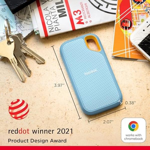 SSD portátil SanDisk Extreme de 1 TB - Hasta 1050 MB/s, USB-C, USB 3.2 Gen 2, resistencia al agua y al polvo IP65, firmware actualizado, azul cielo - Unidad de estado sólido extern