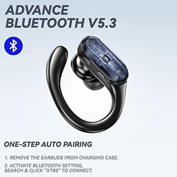 Auriculares inalámbricos deportivos Lenovo XT80: sonido estéreo de alta fidelidad, pantalla LED de encendido, botones de control y micrófono en negro.