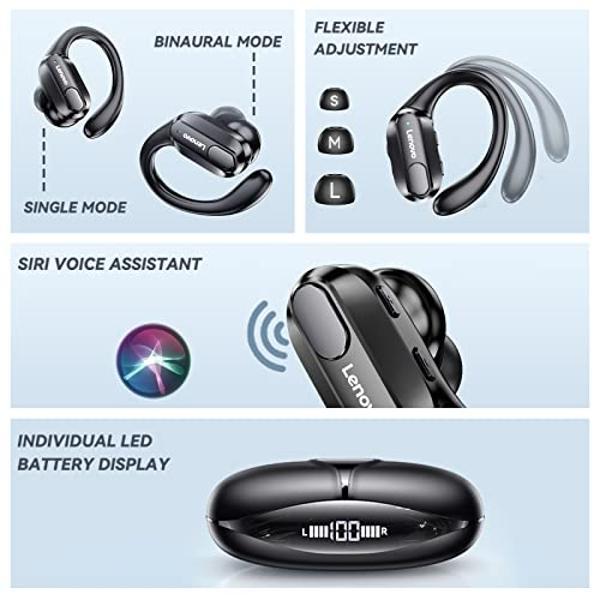 Auriculares inalámbricos deportivos Lenovo XT80: sonido estéreo de alta fidelidad, pantalla LED de encendido, botones de control y micrófono en negro.