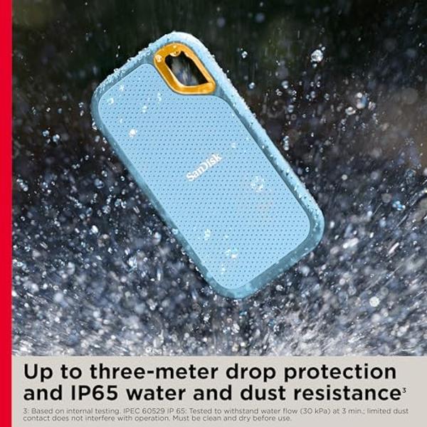 SSD portátil SanDisk Extreme de 1 TB - Hasta 1050 MB/s, USB-C, USB 3.2 Gen 2, resistencia al agua y al polvo IP65, firmware actualizado, azul cielo - Unidad de estado sólido extern