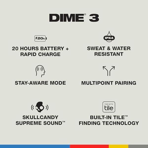 Auriculares inalámbricos Skullcandy Dime 3, Bluetooth, aislamiento de ruido, hasta 20 horas de batería, micrófono para iPhone y Android, fácil de transportar con cordón integrado -
