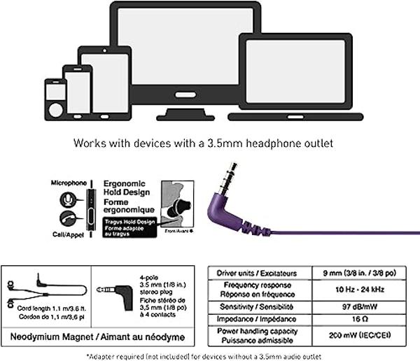 Auriculares con cable Panasonic ErgoFit con micrófono, conector de 3,5 mm, micrófono y control de llamadas, ergonómicos y de ajuste personalizado (tamaños P/M/G), para teléfonos y 