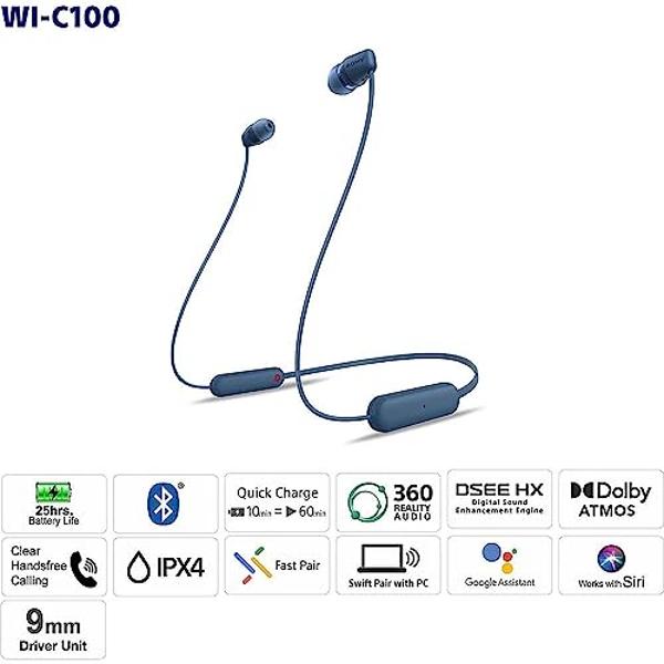 Auriculares inalámbricos intraaurales Bluetooth Sony WI-C100 con micrófono integrado, color negro