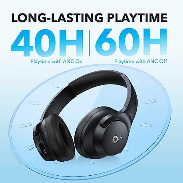 Auriculares híbridos Soundcore by Anker Q20i con cancelación activa de ruido, inalámbricos supraaurales Bluetooth, 40 horas de reproducción con ANC, audio de alta resolución, grave