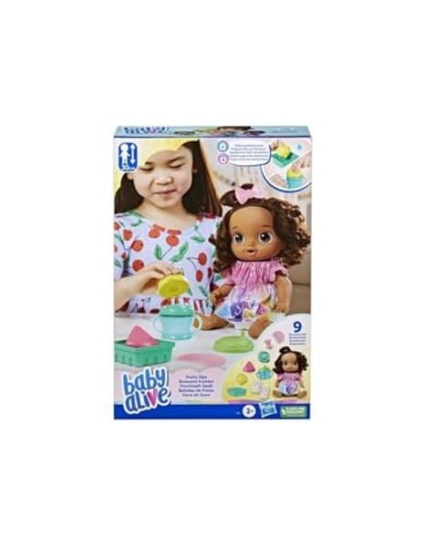 Muñeca Baby Alive Fruity Sips, Limón, juguetes para niñas de 3 años, set de 30 cm, bebe y moja, exprimidor de juguete, niñas de 3 años en adelante, cabello castaño