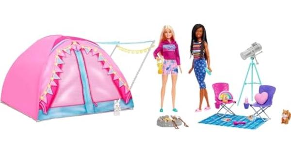 Muñecas Barbie y 20 accesorios, juego de tienda de campaña "It Takes Two" con Brooklyn y Malibú, además de 2 animales en movimiento.
