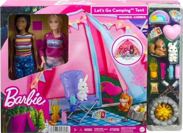 Muñecas Barbie y 20 accesorios, juego de tienda de campaña "It Takes Two" con Brooklyn y Malibú, además de 2 animales en movimiento.