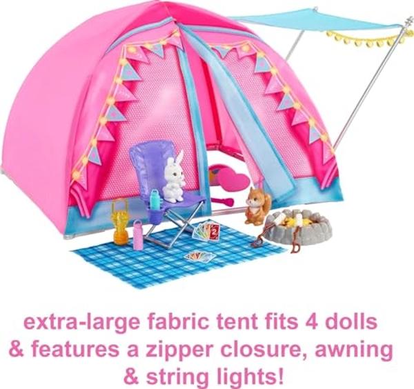 Muñecas Barbie y 20 accesorios, juego de tienda de campaña "It Takes Two" con Brooklyn y Malibú, además de 2 animales en movimiento.
