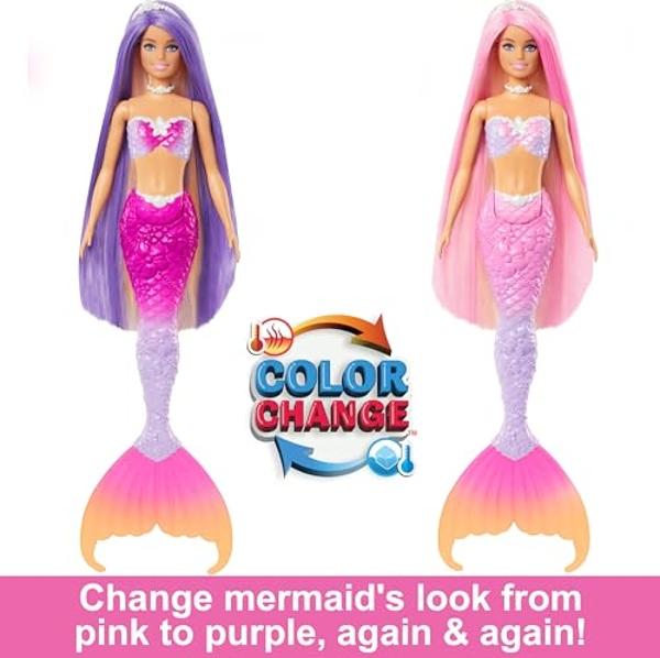 Muñeca Barbie Sirena, "Malibu" con cabello rosa, accesorios de peinado, delfín mascota y función de cambio de color que se activa con el agua.