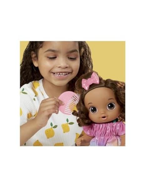 Muñeca Baby Alive Fruity Sips, Limón, juguetes para niñas de 3 años, set de 30 cm, bebe y moja, exprimidor de juguete, niñas de 3 años en adelante, cabello castaño