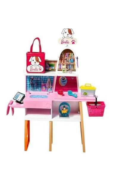 Muñeca Barbie y set de juego, tienda de mascotas con 4 mascotas, función de cuidado que cambia de color y más de 20 accesorios temáticos.