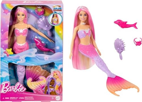 Muñeca Barbie Sirena, "Malibu" con cabello rosa, accesorios de peinado, delfín mascota y función de cambio de color que se activa con el agua.