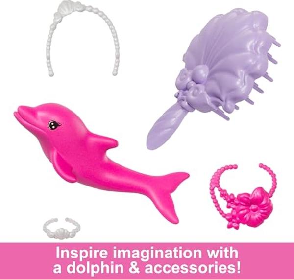 Muñeca Barbie Sirena, "Malibu" con cabello rosa, accesorios de peinado, delfín mascota y función de cambio de color que se activa con el agua.