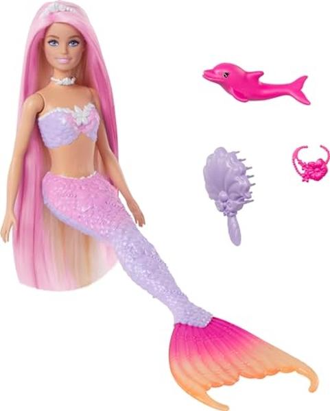 Muñeca Barbie Sirena, "Malibu" con cabello rosa, accesorios de peinado, delfín mascota y función de cambio de color que se activa con el agua.