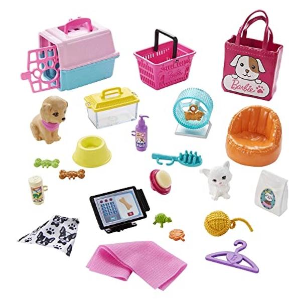 Muñeca Barbie y set de juego, tienda de mascotas con 4 mascotas, función de cuidado que cambia de color y más de 20 accesorios temáticos.