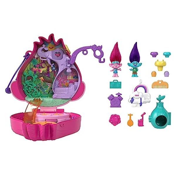 Polly Pocket Trolls - Juego compacto con 2 micromuñecas y 13 accesorios, exterior de Poppy con pelo suave, juguete coleccionable que incluye a Poppy y Branch