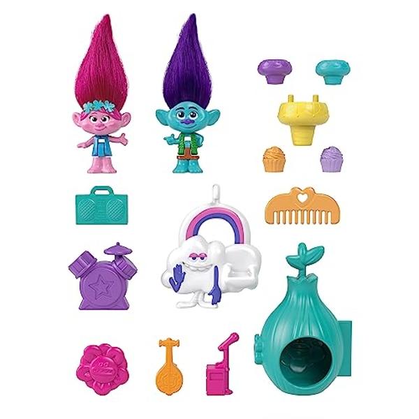 Polly Pocket Trolls - Juego compacto con 2 micromuñecas y 13 accesorios, exterior de Poppy con pelo suave, juguete coleccionable que incluye a Poppy y Branch